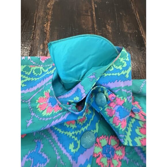 Vintage Encore Hong Kong 100% Silk Skirt Suit Set M 8-10 Teal Pink Floral - Picture 13 of 13